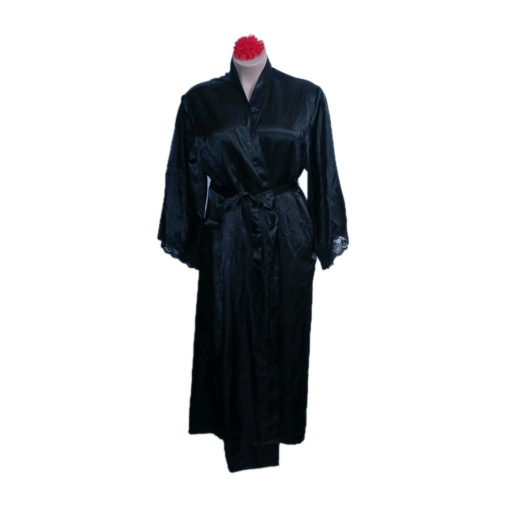 Frederick's Of Hollywood Women Satin Robe XL Black Lingerie Lace Long Kimono
